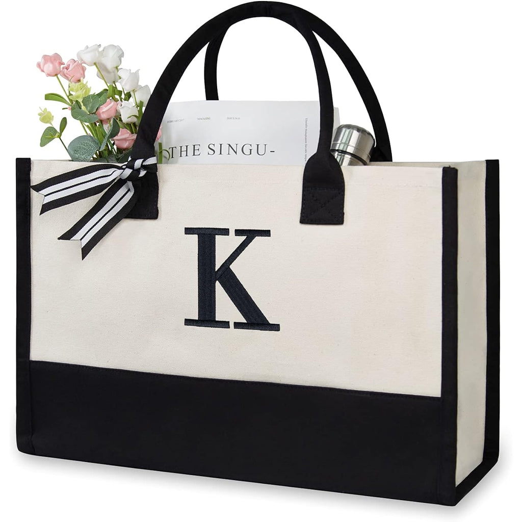 Topdesign Personalized Initial Canvas Beach Bag, Monogrammed Gift Tote Bag For Women