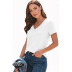 Imily Bela Womens V Neck Short Sleeve T-Shirt Loose Fit Solid Color Basic Tee Lightweight Non-Sheer Summer Tunic Tops