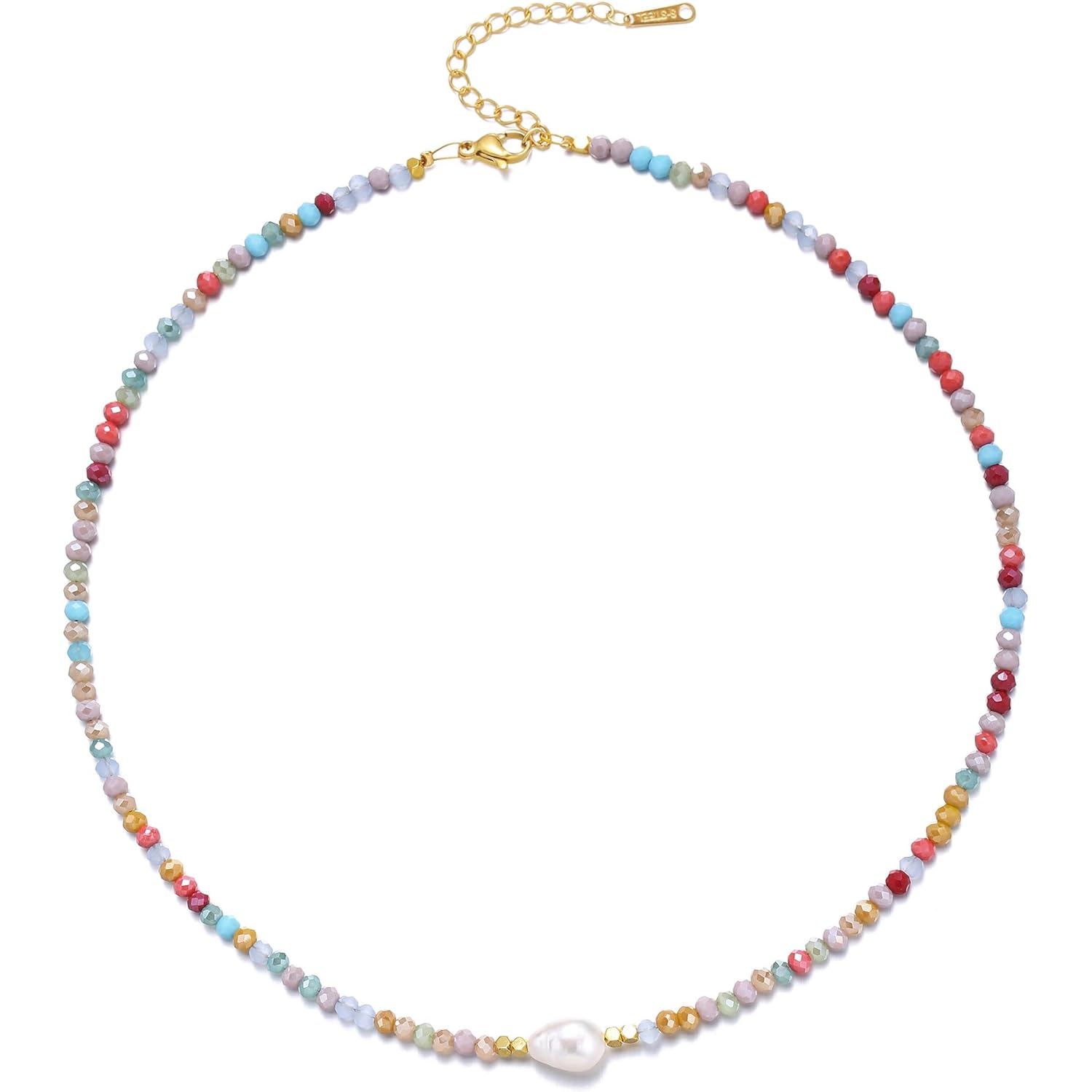 Colorful Beaded Necklaces for Women Crystal Bead Necklace Beach Necklaces Boho Necklaces for Women Pearl Beaded Choker Necklace Stainless Steel 18K Gold Plated Choker
