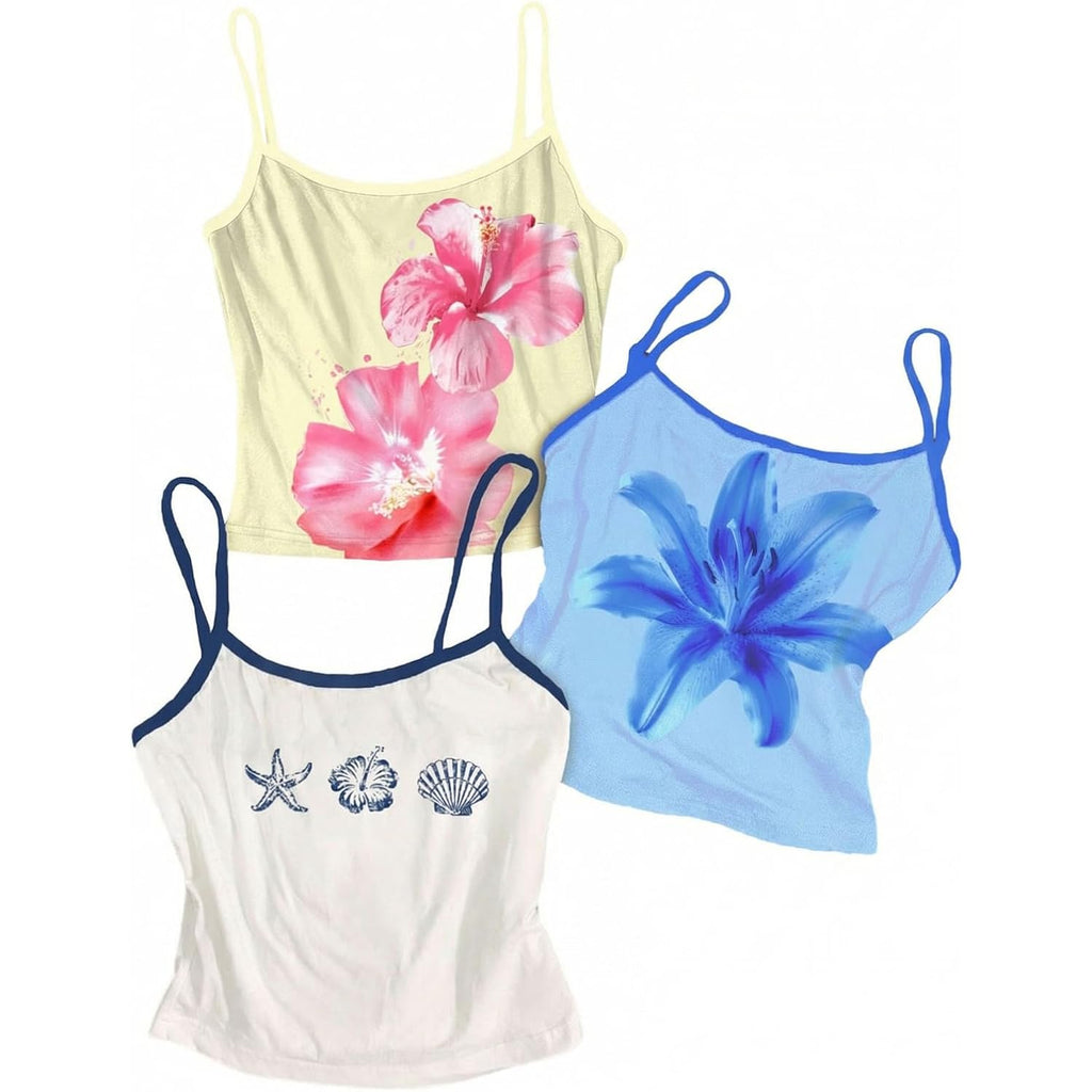 Soly Hux Women'S Cute Summer Floral Tops 3 Packs Spaghetti Strap Tight Tank Tops Beach Crop Camisole
