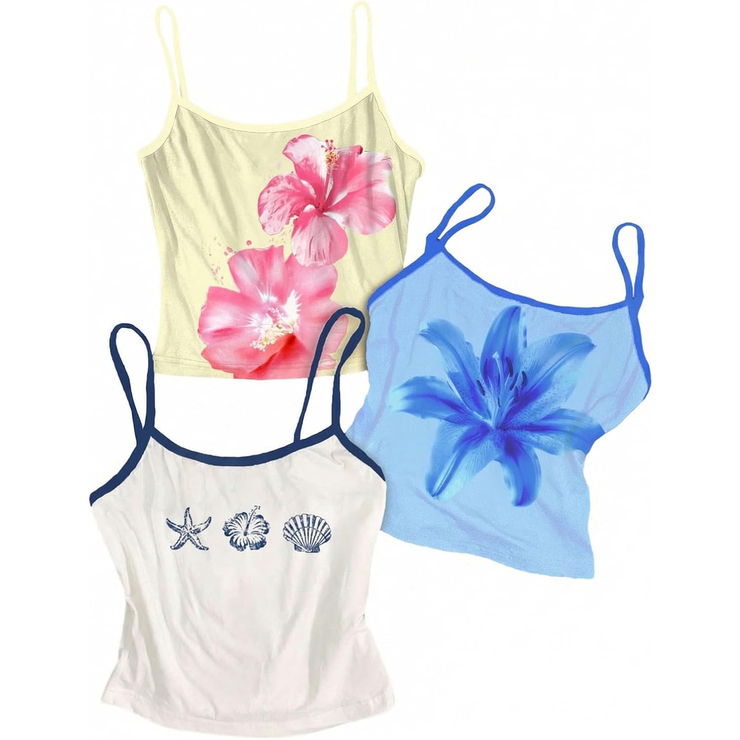 Soly Hux Women'S Cute Summer Floral Tops 3 Packs Spaghetti Strap Tight Tank Tops Beach Crop Camisole