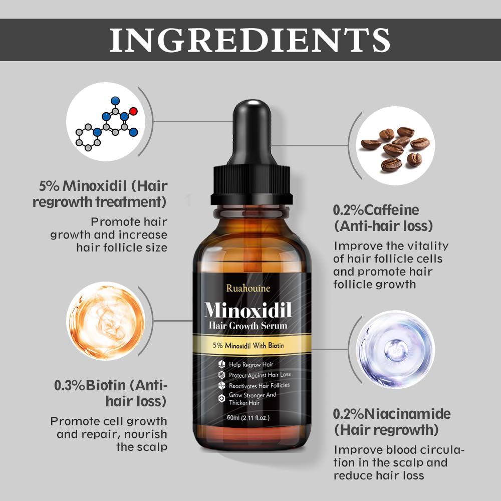 Ruahouine Hair Growth Treatment for Thicker Longer, 5% Minoxidil Biotin Hair Growth Serum Oil for Men and Women, Prevents Hair Loss and Thinning, 2.11 fl.oz