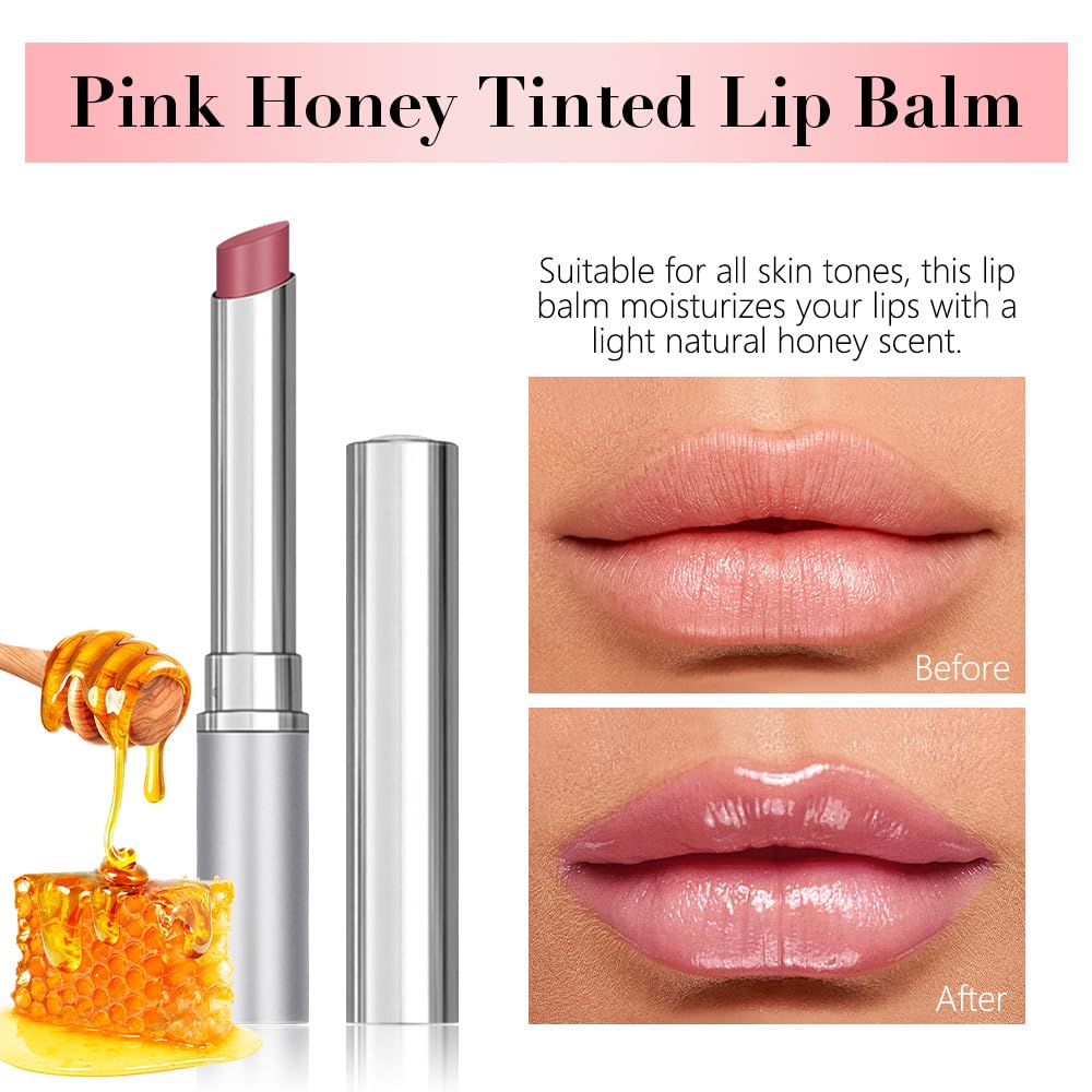 FeiCuiYun Pink Honey Tinted Lip Balm Lip Gloss Lipstick, Sheer Hydrating Lip Gloss Tint, Moisturizing Lip Color for All Skin Tones, Nourishing Lip Balm with a Hint of Natural Black Cherry
