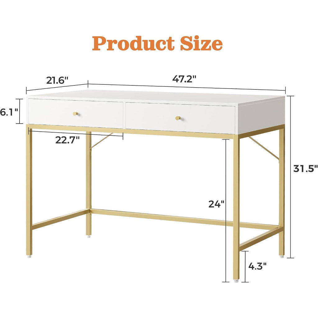 Superjare Vanity Desk With Drawers, 47 Inch Computer Desk, Modern Simple Home Office Desks, Makeup Dressing Table For Bedroom - White And Gold