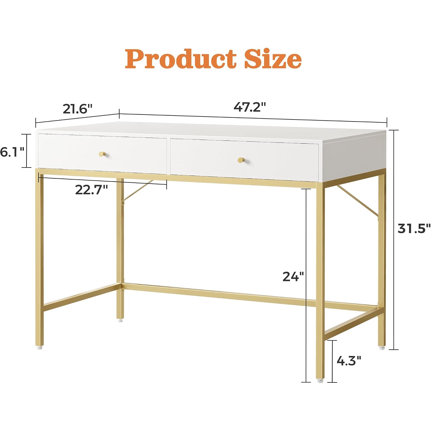 Superjare Vanity Desk With Drawers, 47 Inch Computer Desk, Modern Simple Home Office Desks, Makeup Dressing Table For Bedroom - White And Gold