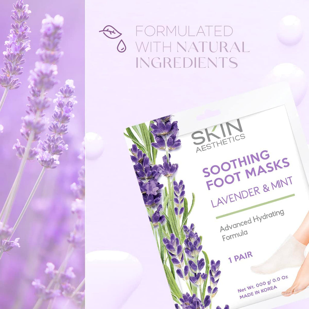 Skin Aesthetics Lavender & Mint Foot Masks - Repairs & Softens Cracked Feet, Hydrating & Exfoliating - Dermatologist Tested Korean Skincare - Clean Beauty, Natural Ingredients, Cruelty-Free - 3 Pairs