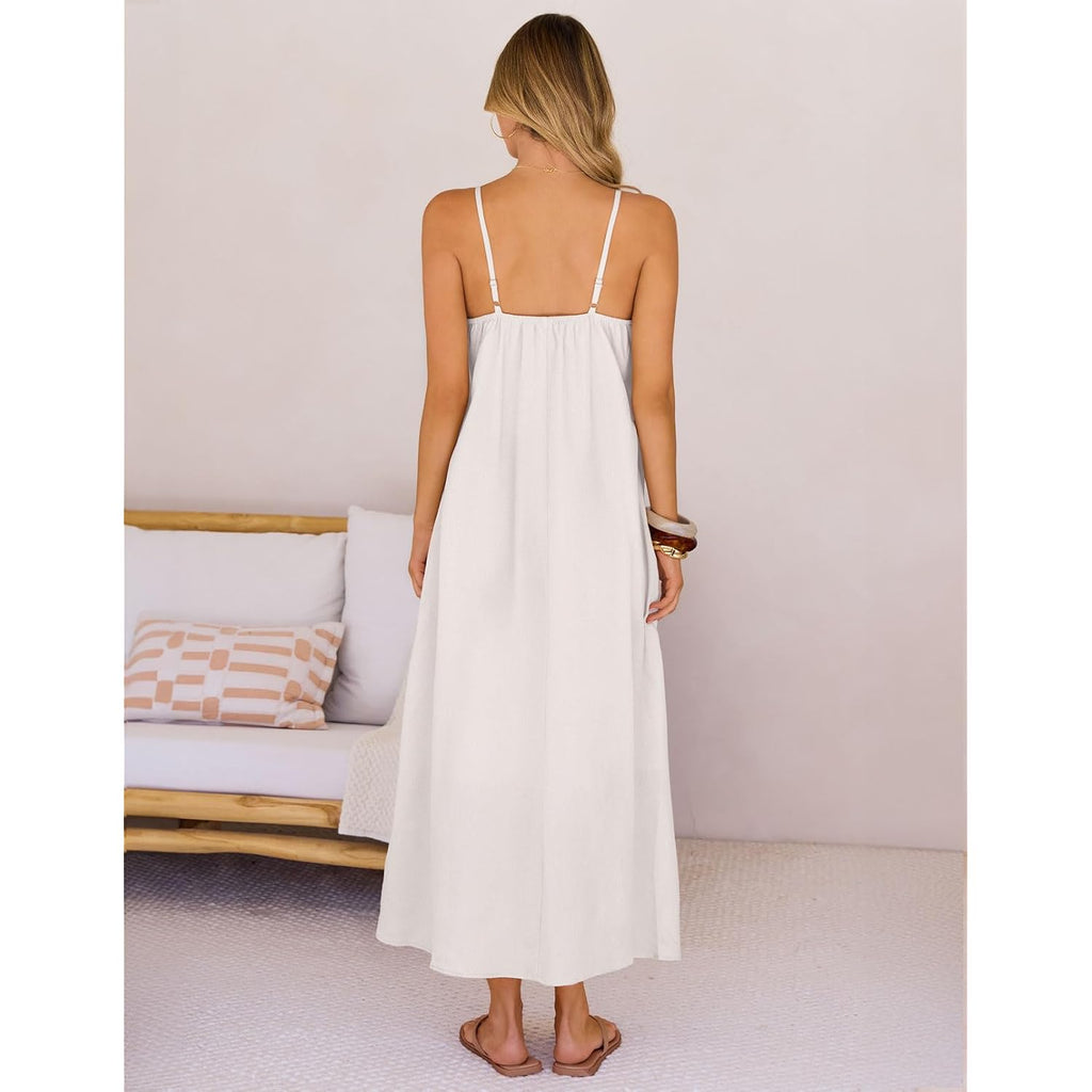 Merokeety Women'S Summer Linen Sundress Boho Maxi Dress | Adjustable Spaghetti Strap, Square Neck, Lightweight & Breathable, Sexy Vacation Beach Dress With Pockets