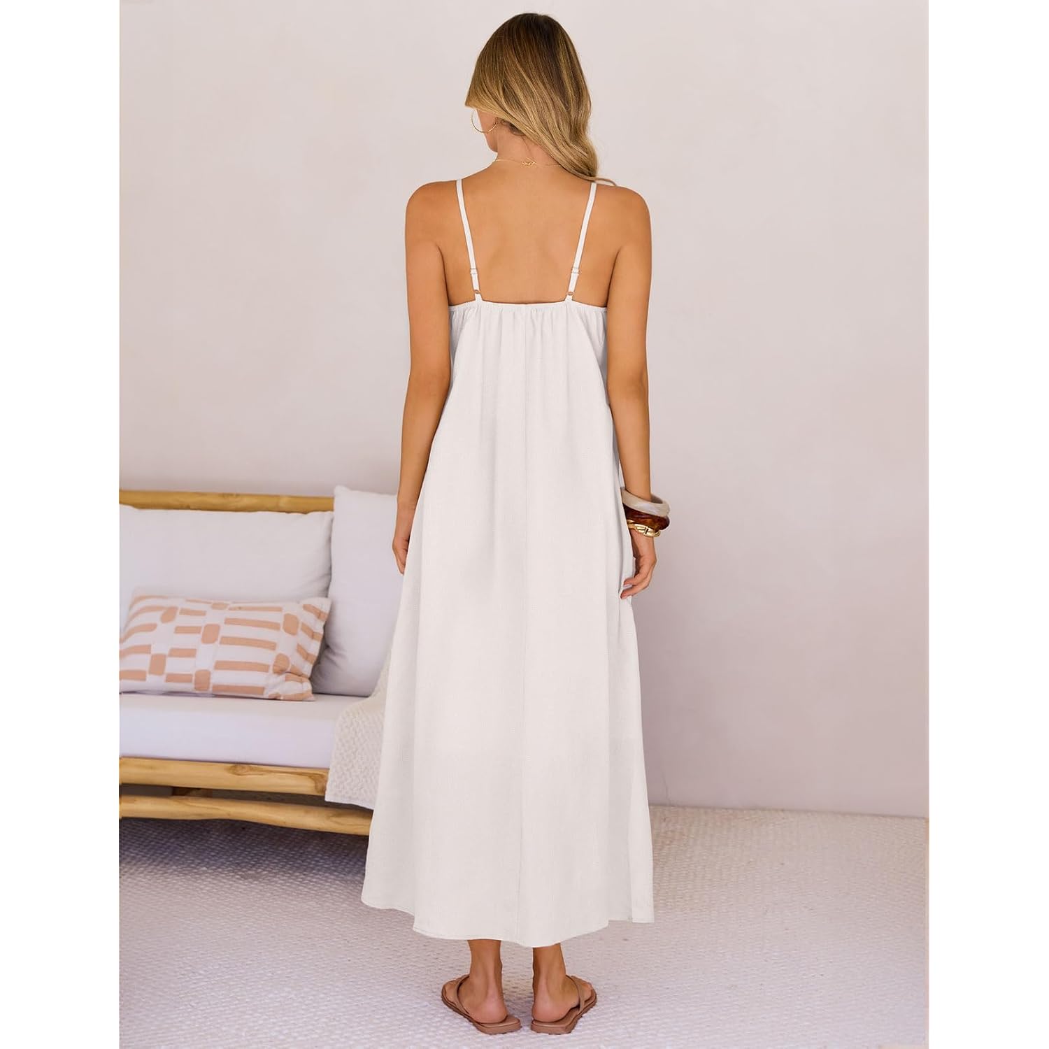 Merokeety Women'S Summer Linen Sundress Boho Maxi Dress | Adjustable Spaghetti Strap, Square Neck, Lightweight & Breathable, Sexy Vacation Beach Dress With Pockets