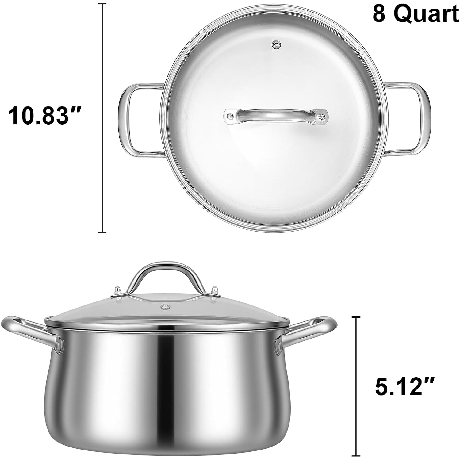 Tifanso Tri-Ply 8 Quart Stainless Steel Stock Pot - Heavy Duty Large Induction Cooking Pot with Lid for Pasta, Soup, Spaghetti, Nonstick Deep Stockpot, Kitchen Cookware for Simmer, Canning, Boiling