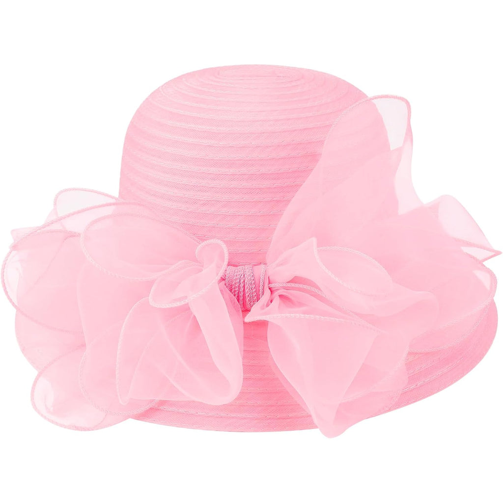 DRESHOW Lady Derby Dress Church Bowler Cloche Hat Bowknot Organza Bridal Cap for Wedding 1 Pack Bowler Hat: Pink