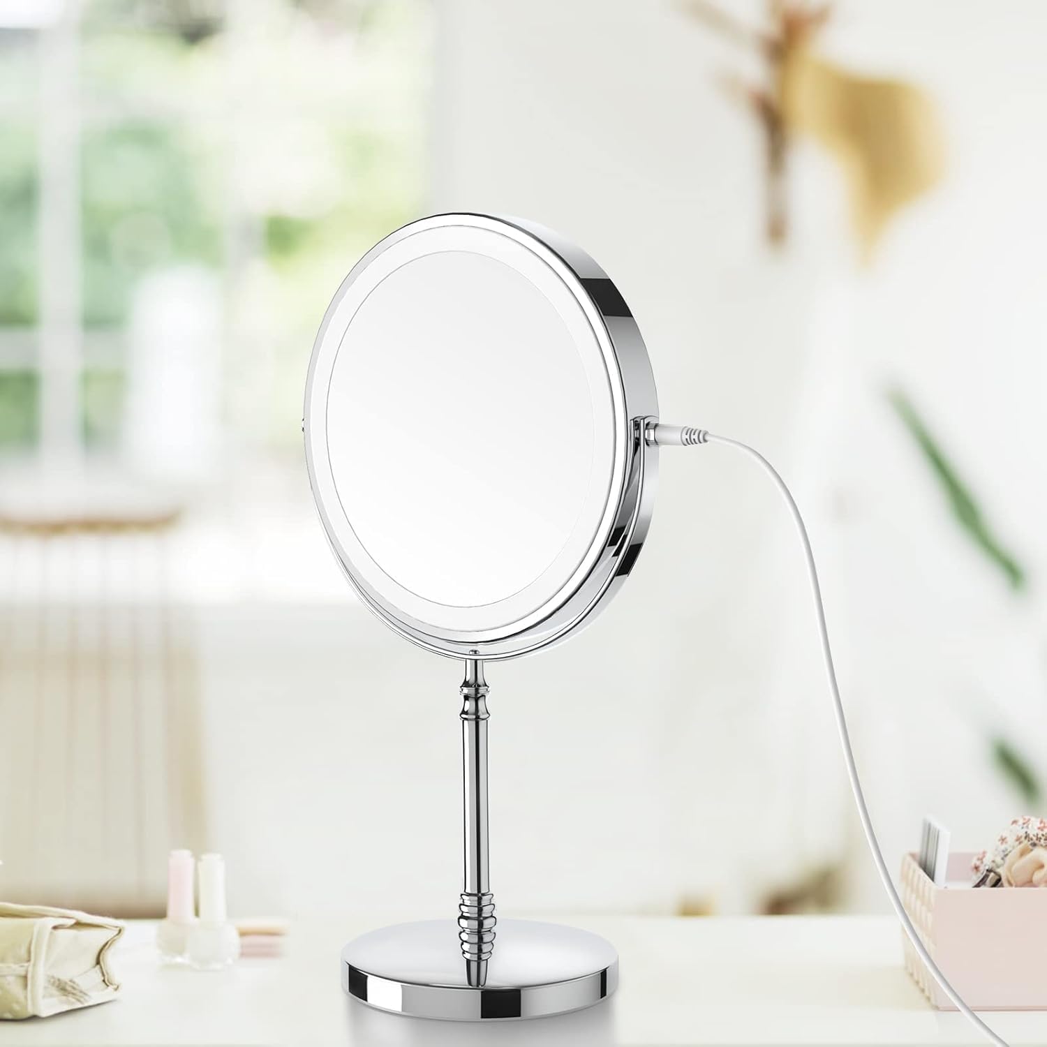 DEIOVWXS Makeup Mirror, 3000mAh Rechargeable Double-Sided Magnifying Vanity Mirror with 3 Colors, 1X/10X, Adjustable Brightness, Gift for Mom, Mothers Day, Women, Wife, Girls, Dorm Room Essential