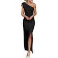 Prettygarden Women'S Summer One Shoulder Long Formal Dresses Sleeveless Ruched Bodycon Wedding Guest Slit Maxi Dress