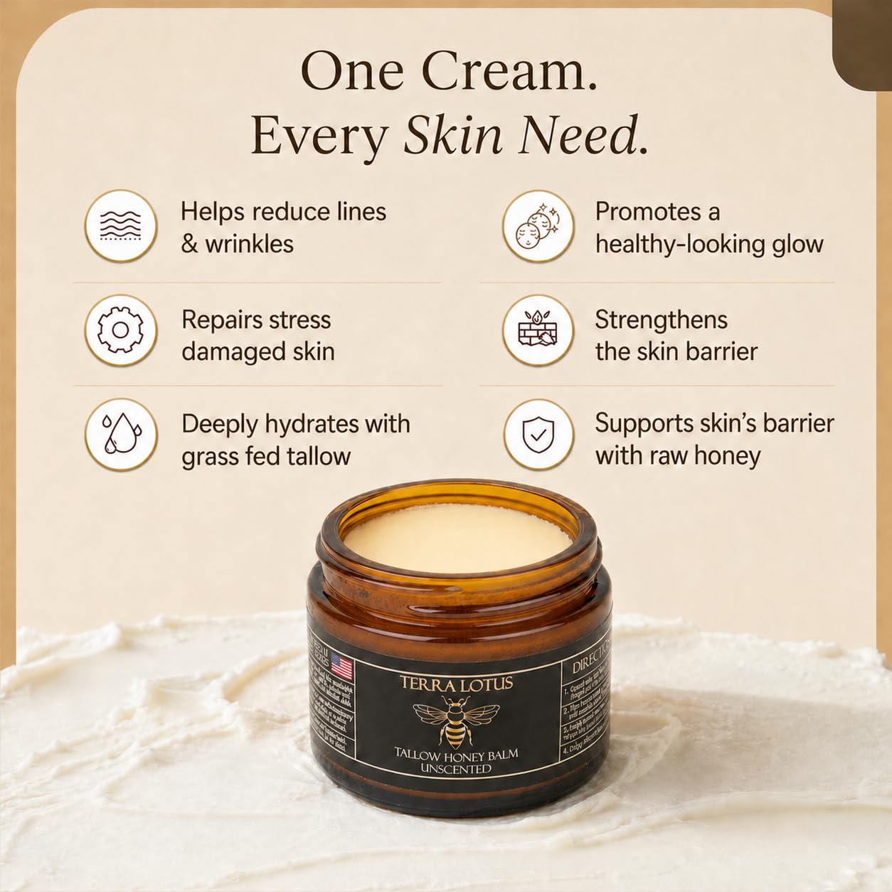 Terra Lotus - Organic Grass-Fed Beef Tallow Balm with Raw Honey - Moisturizing Cream for Soft, Smooth Skin - Handmade All-Natural Moisturizer (2 Oz, Unscented)
