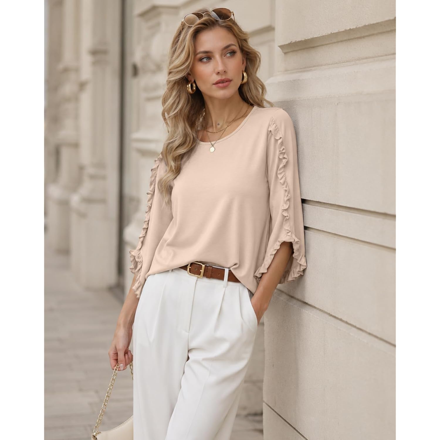 3/4 Length Sleeve Womens Tops Crewneck Ruffle Sleeve Shirts Dressy Casual Blouse Summer Fall Fashion Business Outfit