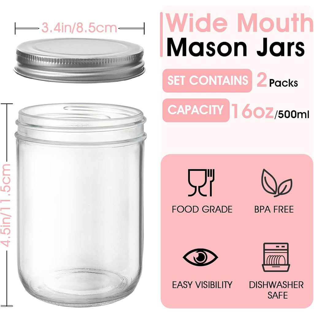 Showvigor 2 Pack Wide Mouth Mason Jars 16Oz - Airtight Glass Canning Jars For Food Storage, Meal Prep, Overnight Oats, Pickling, Salad & Wedding Favors (Leak-Proof Lids)