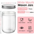 Showvigor 2 Pack Wide Mouth Mason Jars 16Oz - Airtight Glass Canning Jars For Food Storage, Meal Prep, Overnight Oats, Pickling, Salad & Wedding Favors (Leak-Proof Lids)