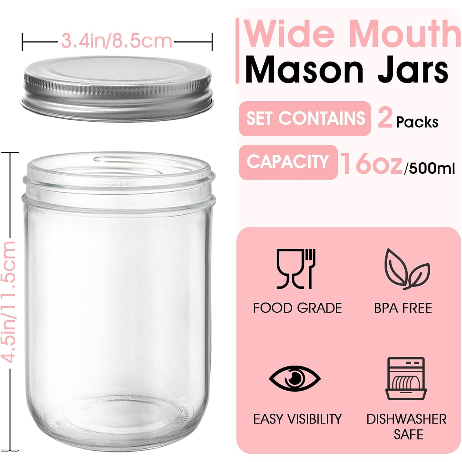 Showvigor 2 Pack Wide Mouth Mason Jars 16Oz - Airtight Glass Canning Jars For Food Storage, Meal Prep, Overnight Oats, Pickling, Salad & Wedding Favors (Leak-Proof Lids)