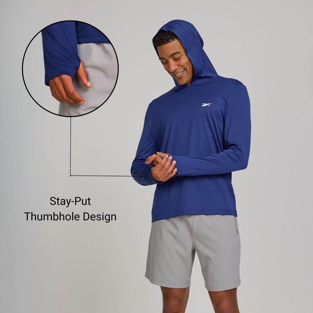 Reebok Hooded Rash Guard For Men– Long Sleeve Sun Shirt, Upf 50+ Uv Protection Fishing Running Hiking Athletic Workout