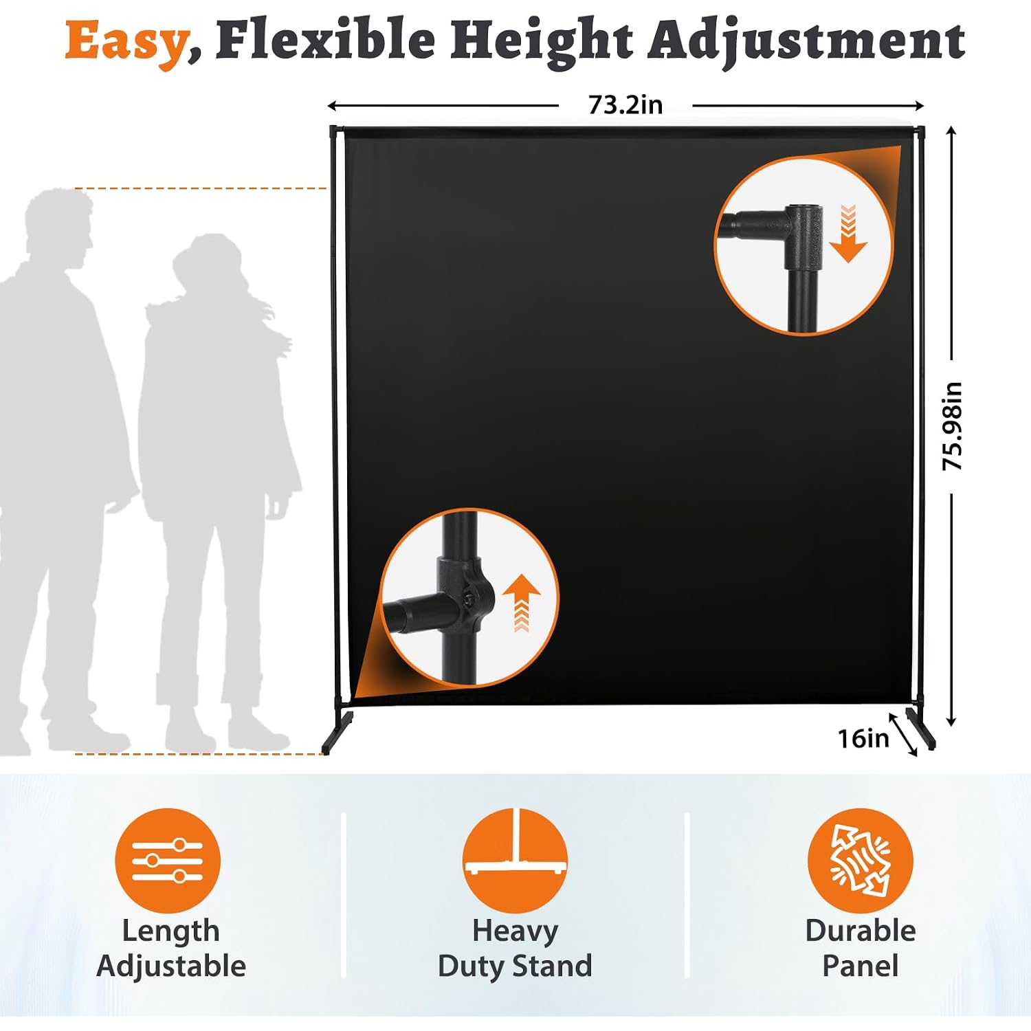 Room Divider Single Panel, 71''W X 71''H Height Adjustable Large Room Divider Panel For Office, Fabric Portable Privacy Screen Wall Divider For Room Separation, Black Freestanding Partition Separators