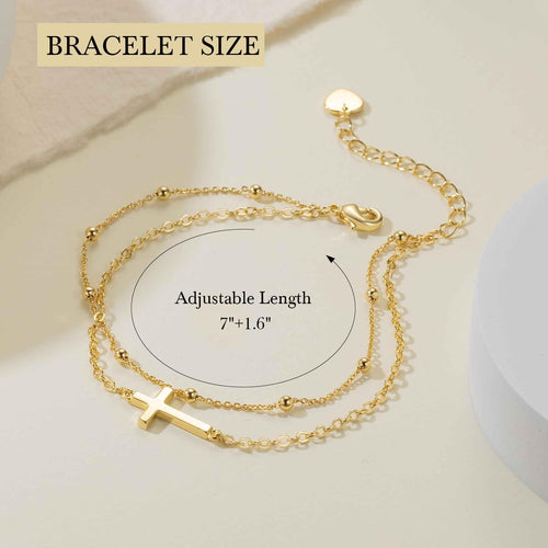 14K Gold Cross Bracelet for Women Gold Bead Chain for Women Double Layered Bracelets for Womens Beaded Bracelet Refined Layering with Distinctive Style Christian Sideways Cross Bracelets for Womens