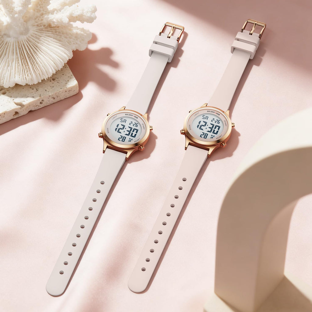 Golden Hour Waterproof Women'S Digital Sports Watches With Silicone Strap, Alarm Calendar Stopwatch Chronograph 32Mm Rose Gold Case