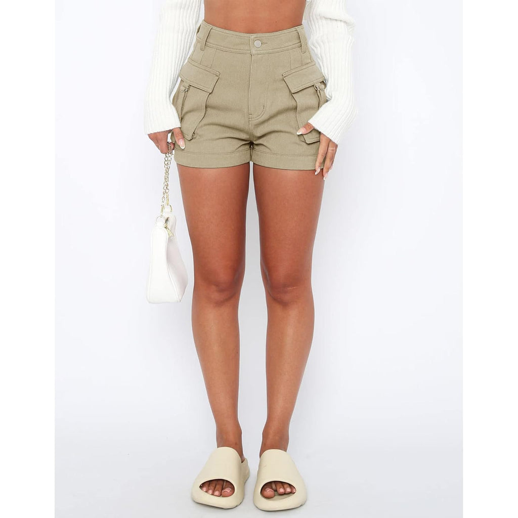 Womens Casual High Waist Cargo Shorts with Pockets Summer Short Hot Pants