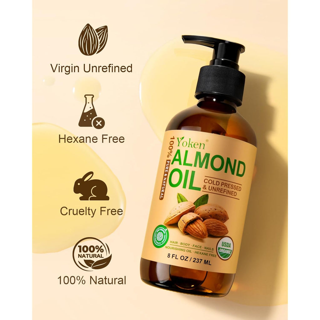 Yoken Organic Almond Oil 8 Oz Glass Bottle, Cold Pressed For Skin & Hair
