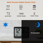 Atomic Digital Wall Clock Battery Operated, Self-Setting, Large Display With Temperature, Date, Day Of The Week, Silent Wall Mount Digital Clock, 4 Time Zones, Dst