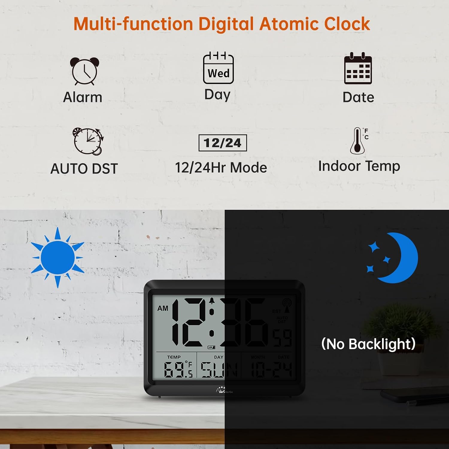 Atomic Digital Wall Clock Battery Operated, Self-Setting, Large Display With Temperature, Date, Day Of The Week, Silent Wall Mount Digital Clock, 4 Time Zones, Dst