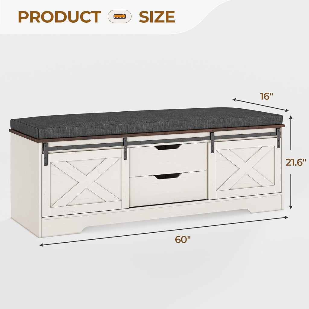 60“ Farmhouse Storage Bench With Cushion, Shoe Rack With Slide Barn Doors, Adjustable Shelf And 2 Drawer For Entry, Bedroom, Closet, Living Room, Hallway (White Brown, 60 In)
