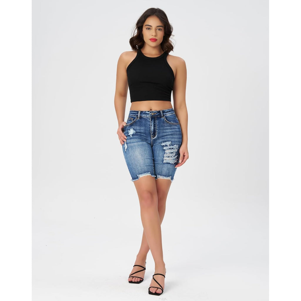 Women's High Waisted Stretchy Denim Bermuda Shorts Ripped Casual Summer Jean Shorts