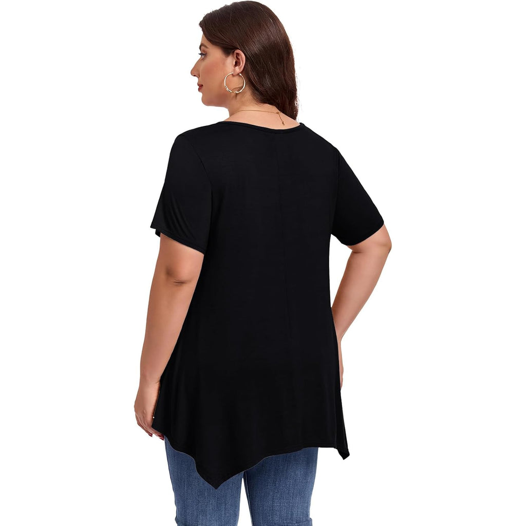 LARACE Plus Size Tops for Womens Summer Clothes Short Sleeve Shirts Casual V Neck Tunic Asymmetrical Blouses