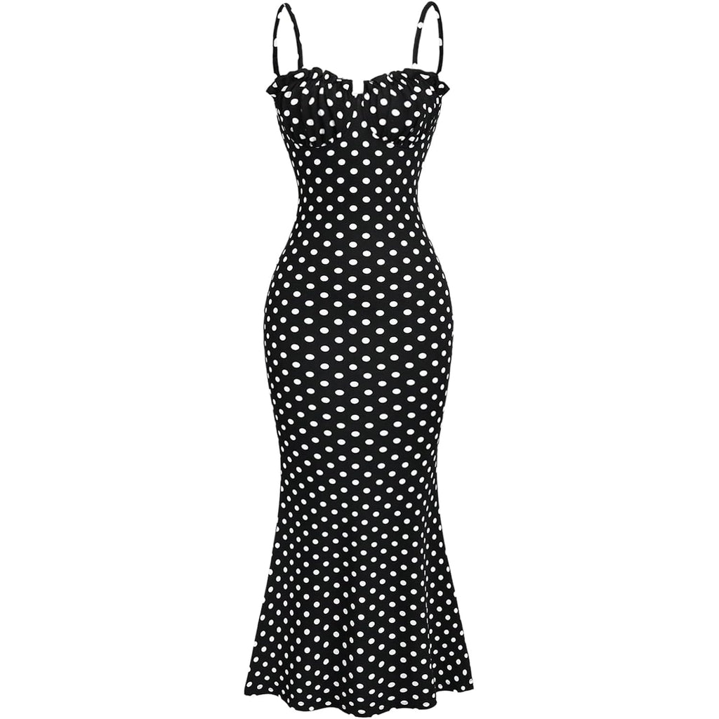 Milumia Women'S Polka Dots Frill Trim Cami Dress Elegant Ruched Bust Fishtail Maxi Dresses