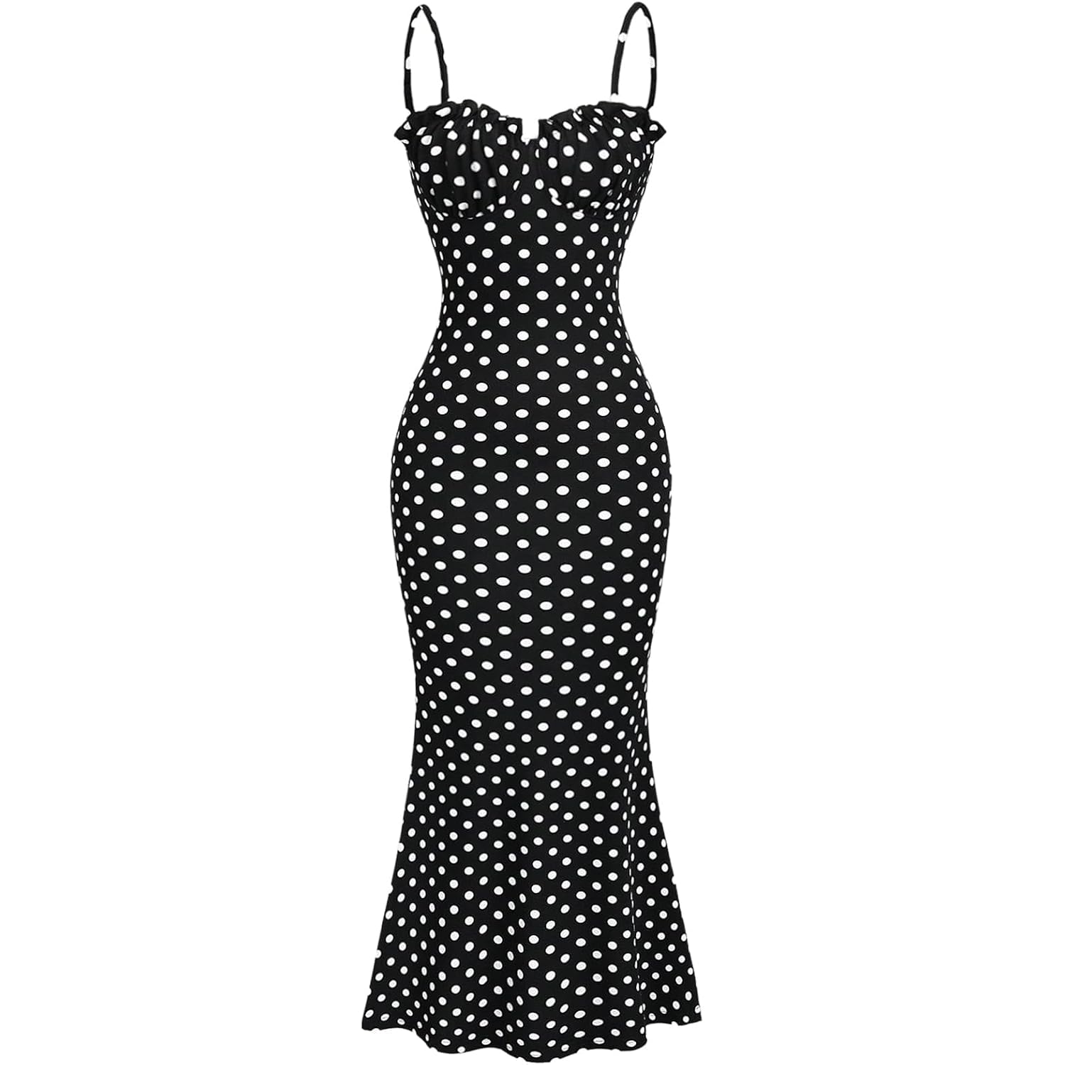 Milumia Women'S Polka Dots Frill Trim Cami Dress Elegant Ruched Bust Fishtail Maxi Dresses