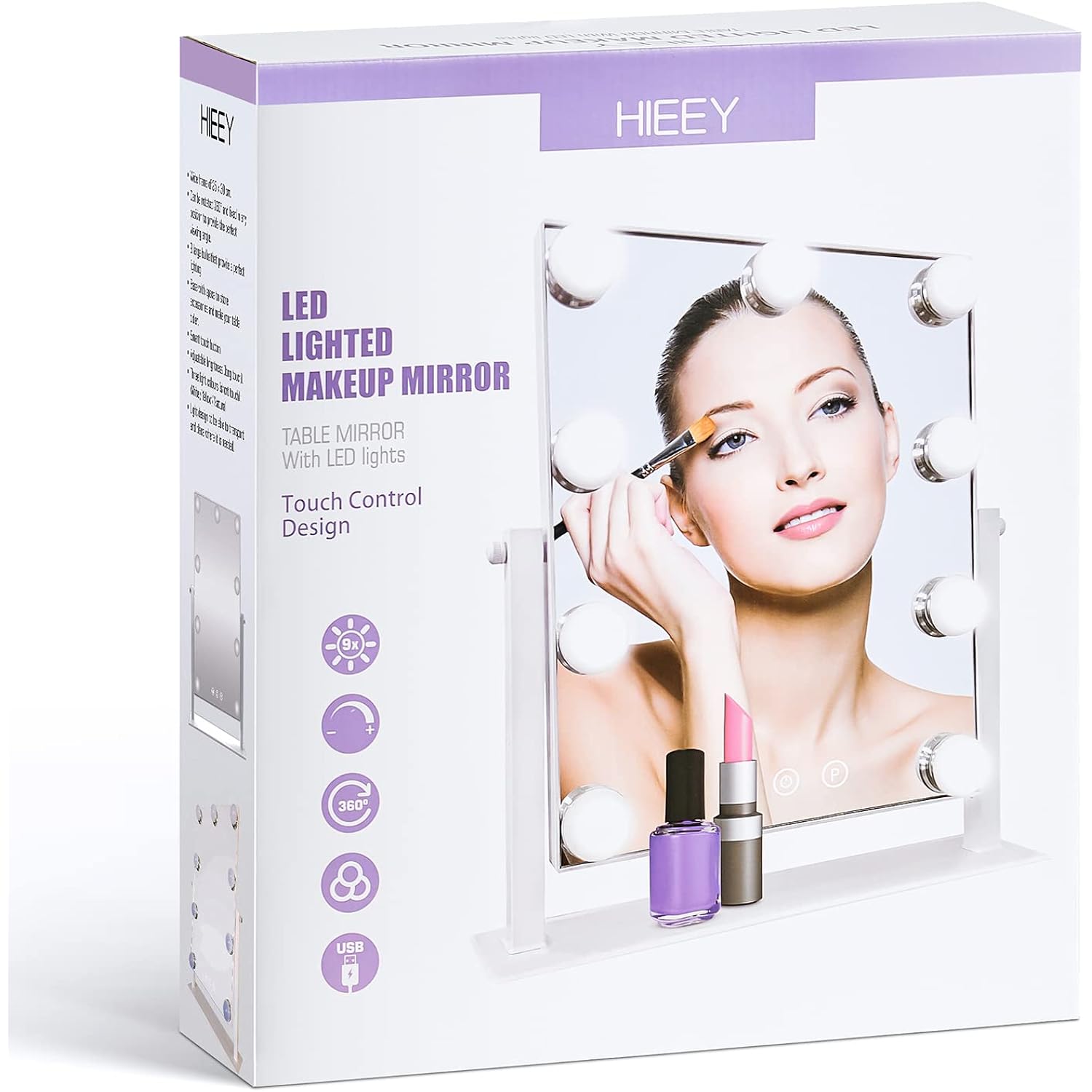 Hieey Hollywood Vanity Mirror With Lights, Makeup 9 Dimmable Bulbs Three Color Lighting Modes, And 5X Magnification Mirror, Smart Touch Control, 360°Rotation (White)