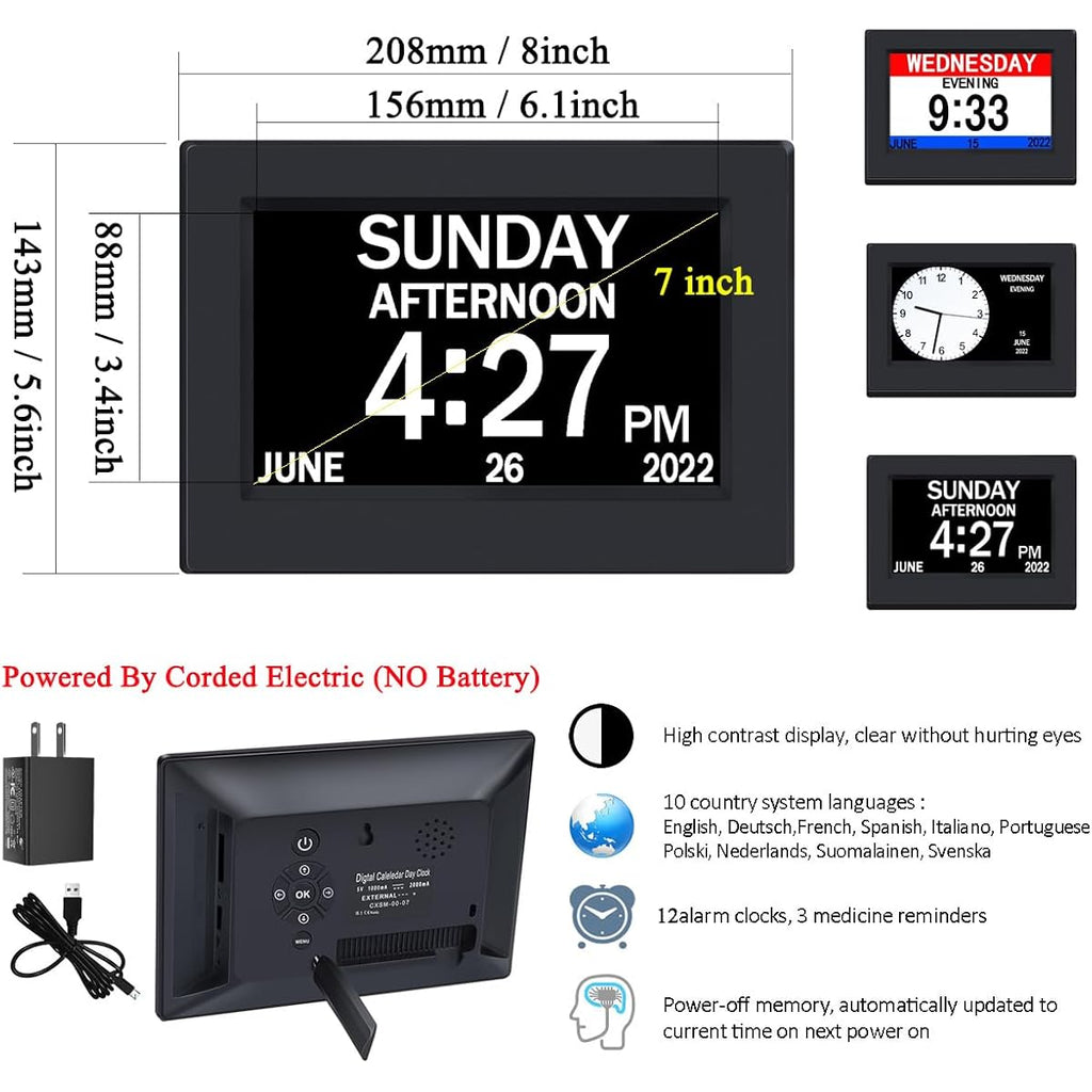 Ainftime Dst Clock With Day And Date For Elderly-3 Display Digital Calendar Alarm Day Dementia Alzheimers Clock With Extra Large Display (7In Black)
