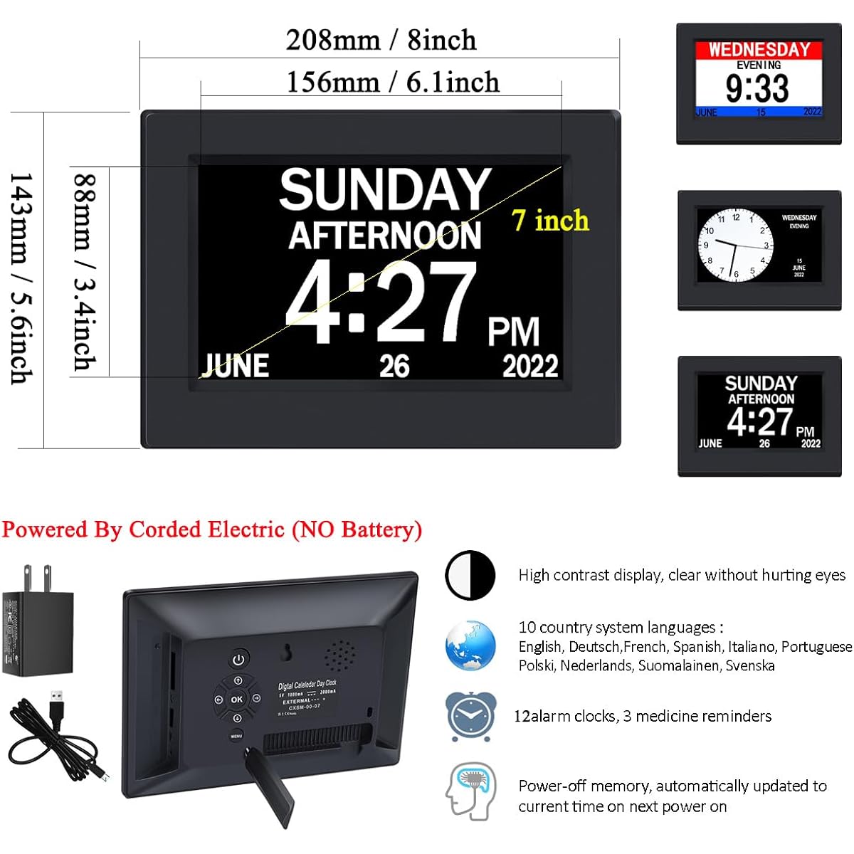 Ainftime Dst Clock With Day And Date For Elderly-3 Display Digital Calendar Alarm Day Dementia Alzheimers Clock With Extra Large Display (7In Black)