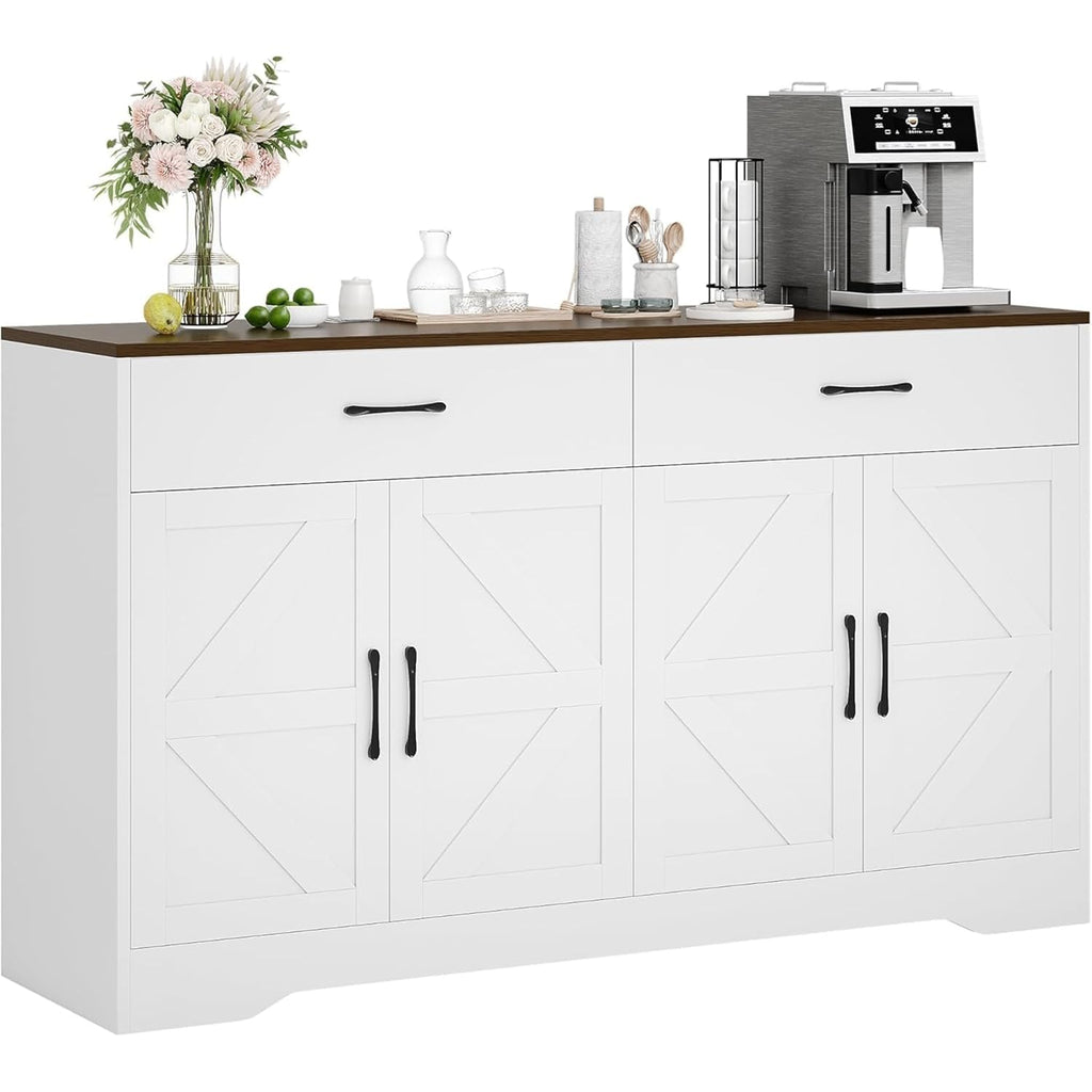 Sideboard Buffet Cabinet With Storage, 55.1" Large Kitchen Storage Sideboard With Drawers & Doors, Modern Wood Farmhouse Coffee Bar Cabinet, Buffet Table For Kitchen, Living Room, White, 55.1Inch