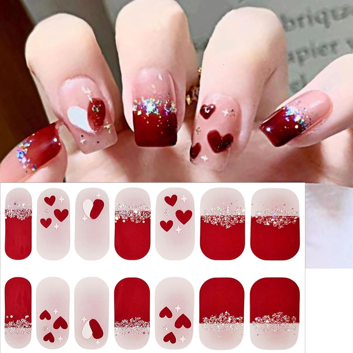 5 Sheets Valentines Day Nail Gel Stickers Cute Bow Heart Nail Polish Strips French Glitter Designs Cute Full Warps Gel Nail Strips Red Nails Polish Stickers for Women Holiday Manicure Decorations