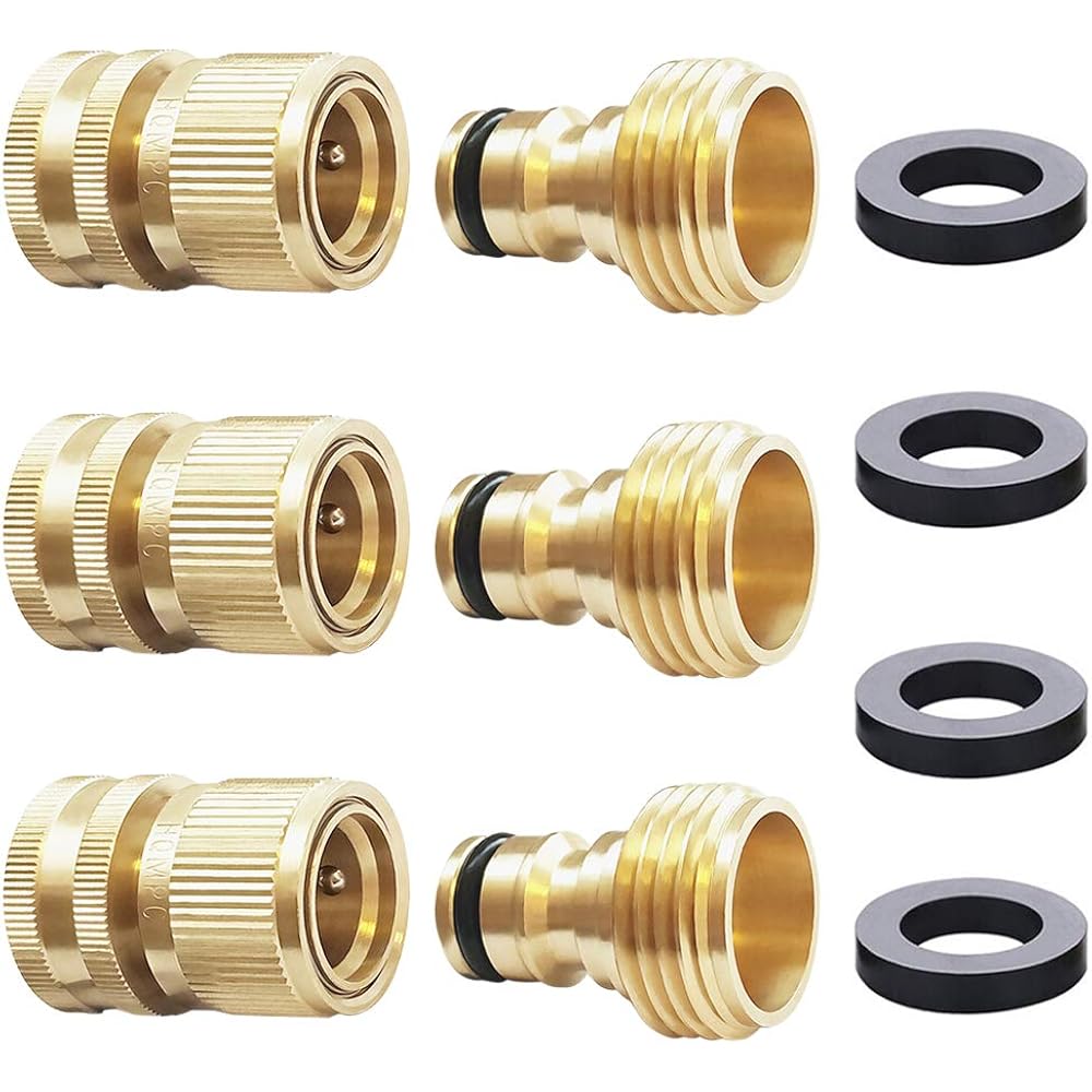 Garden Hose Quick Connect Solid Brass Quick Connector Garden Hose Fitting Water Hose Connectors 3/4 Inch Ght (3 Sets)