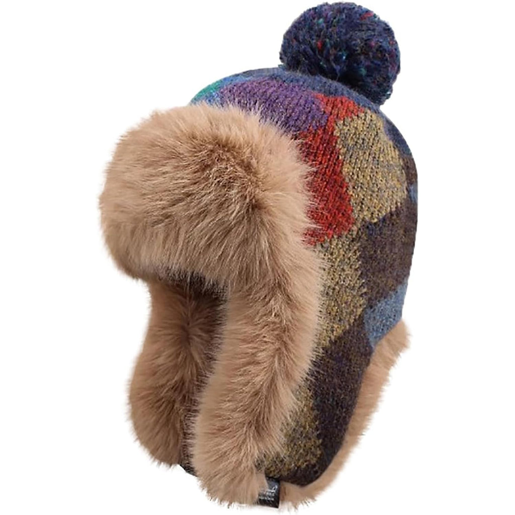 Women's Winter Trapper Hat, Knit Ear Flap Beanie with Faux Fur Lining & Pom, Windproof Ski Snow Cap