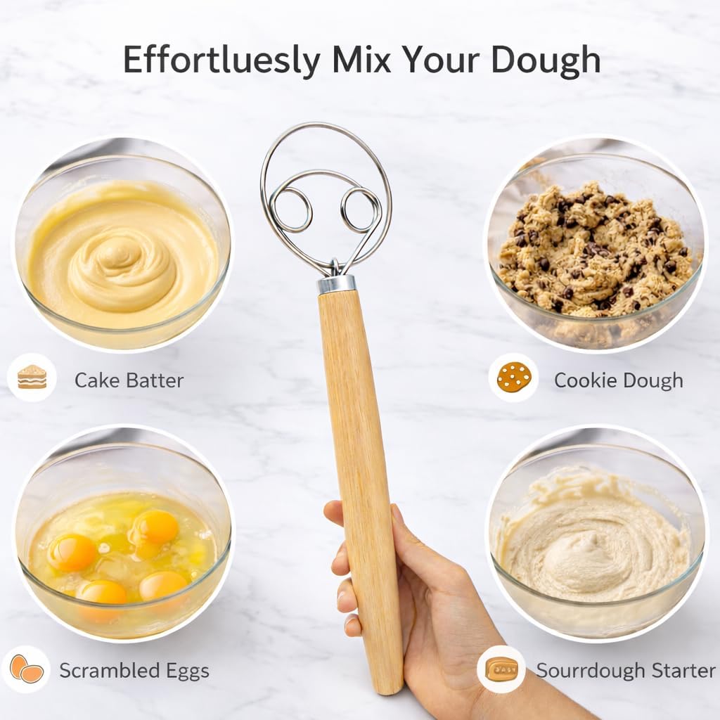Danish Dough Whisk For Sourdough Bread – 13 Inch Bread Whisk With Wooden Handle – 304 Stainless Steel Hook For Heavy Dough Baking, Swedish Dough Whisk Tool