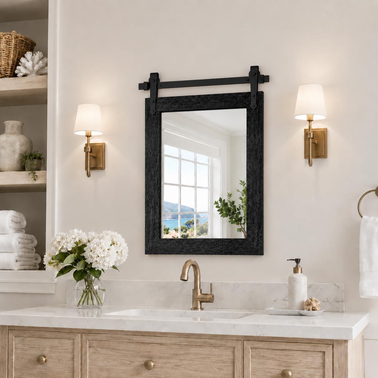 Farmhouse Bathroom Mirror For Over Sink 22”X32” Black, Rustic Western Barn Decor Bathroom Vanity Mirror, Wall Mirror For Bathroom, Living Room, Bedroom, Entryway