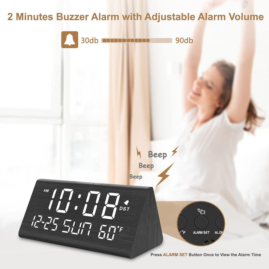 Dreamsky Digital Alarm Clocks For Bedrooms - Wooden Desk Clock With Date, Day Of Week, Usb Port, Temperature, Dimmer For Bedside Table, Living Room, Office, Adjustable Volume, Auto Dst, Wood Decor