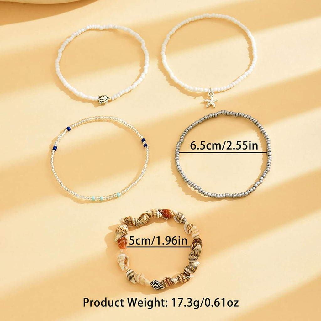 Ankle Bracelets for Women Stretch Boho Pearl Bead Gold Anklets Layered Sequins Foot Chain Hawaiian Beach Conch Summer Vacation Travel Foot Jewelry