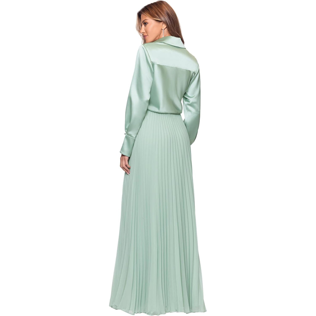Xscape Women'S Satin Surplice Neck Long Sleeve Floor Length Dress