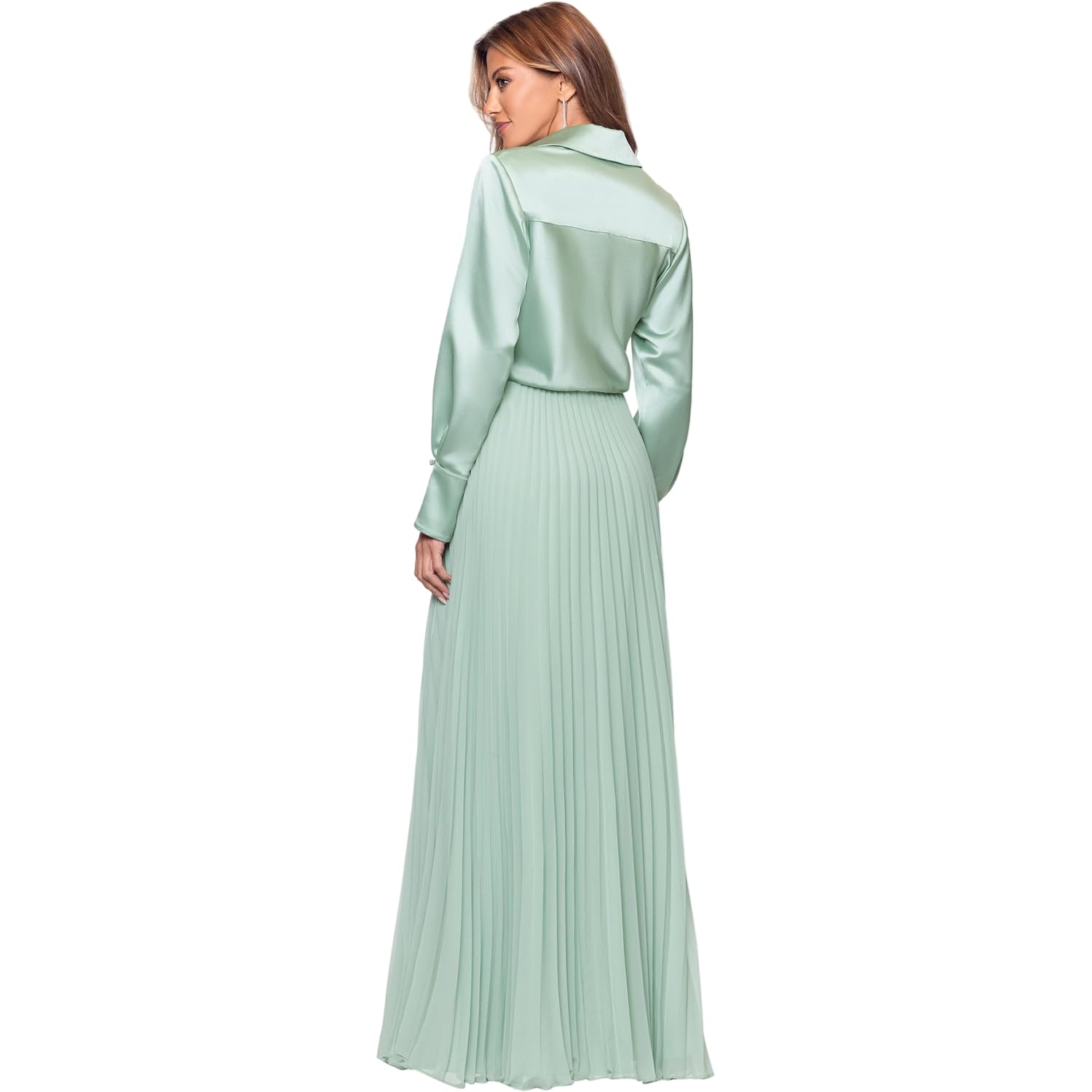 Xscape Women'S Satin Surplice Neck Long Sleeve Floor Length Dress