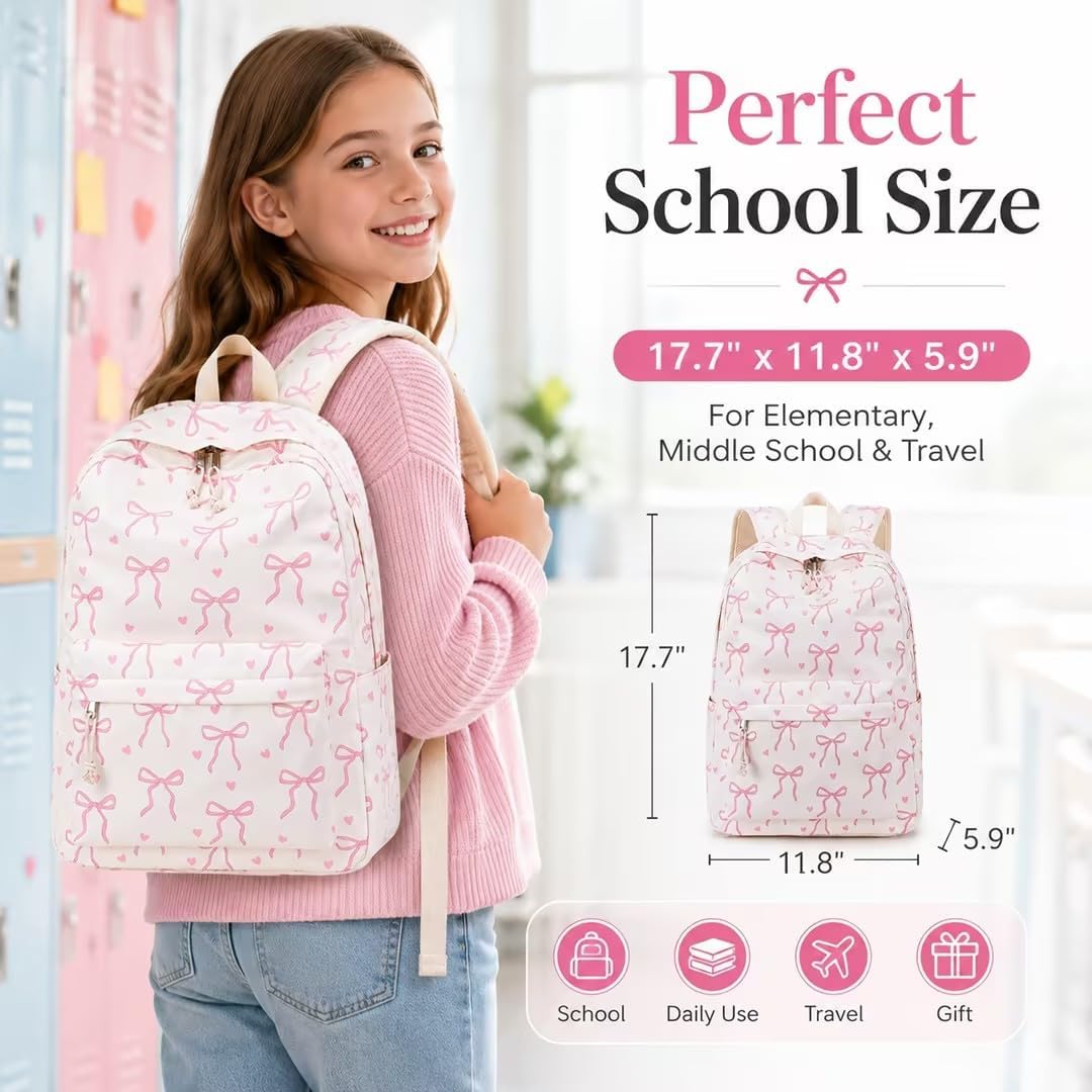 Backpack For Girls School Backpacks Bookbags For Elementary Middle School Women Laptop Backpacks (Bow Tie Beige, L-17)