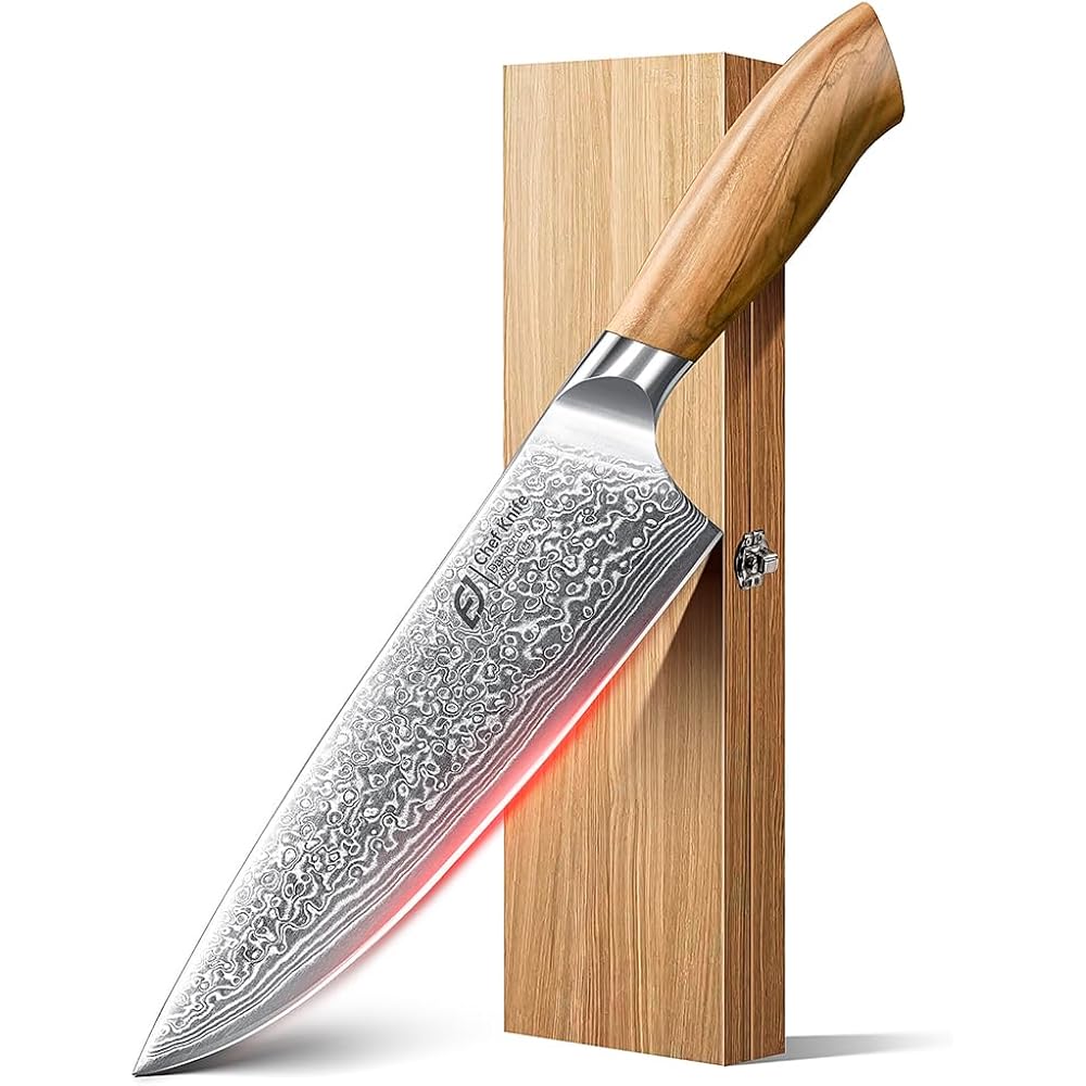 Damascus Chef Knife In Japanese Steel, 67-Layers Damascus Kitchen Knife With Wooden Gift Box And Original Olive Wood Handle, Cooking Knives For Home Kitchen Gift Idea