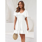 Lillusory Women'S Flowy Casual Mini Dresses 2026 Summer Graduation Smocked V Neck Vacation Dress Dress With Pockets